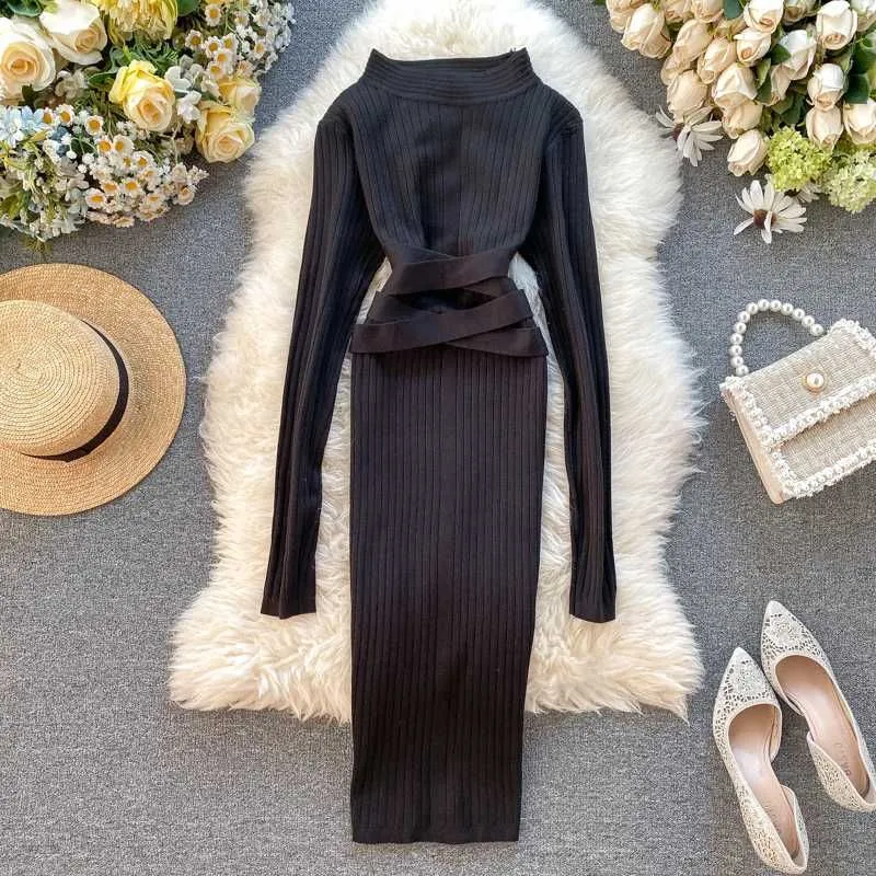 Aibeautyer 2020 Slim Bandage Midi Pencil Dresses Autumn Winter Bodycon Knitted Sweater Party Women Club Knee Length Dress1