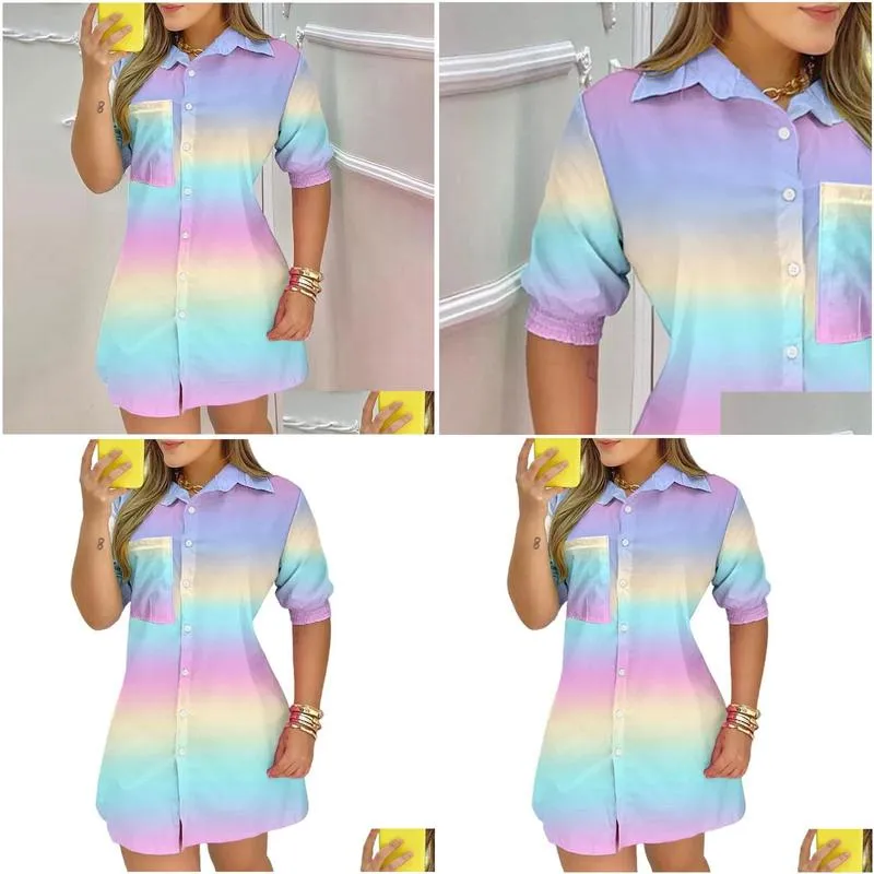 Basic & Casual Dresses Women Fashion Color Block Lady Short Sleeve Blouse Turn Down Collar Pocket Button Design Drop Delivery Apparel Dhfyd