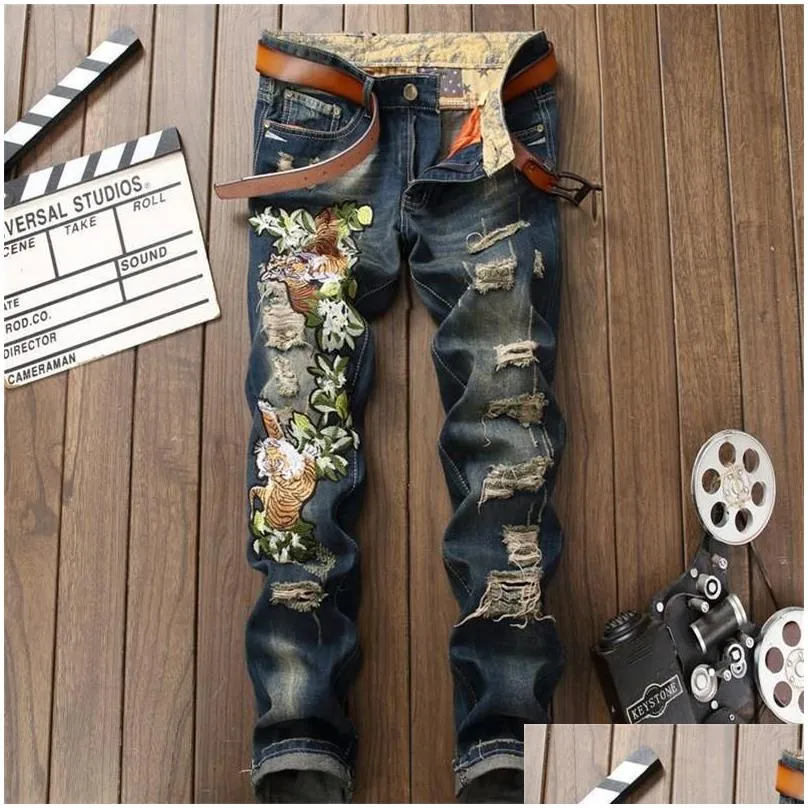 Men`S Jeans Mens 2021 Brand Men European American Style Tiger Of Embroidery Knees Holes High Quality Size 29-38 0795 Drop Delivery Ap Dhiwu