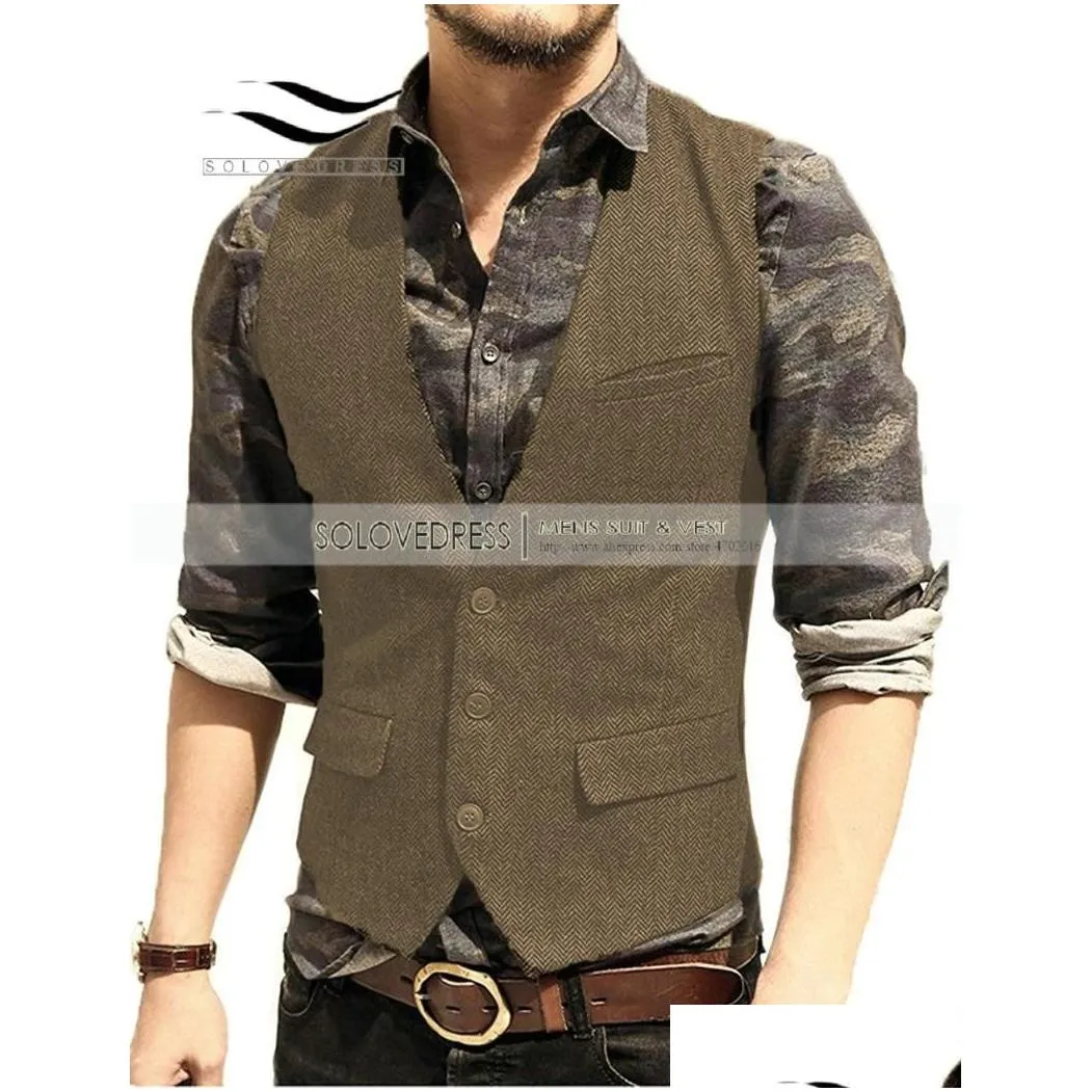 Men`S Vests Mens Suit Vest Wool Herringbone Vintage T Casual Formal Business Waistcoat For Wedding Groomsmen Green/Black/Grey Drop Del Dhzjs