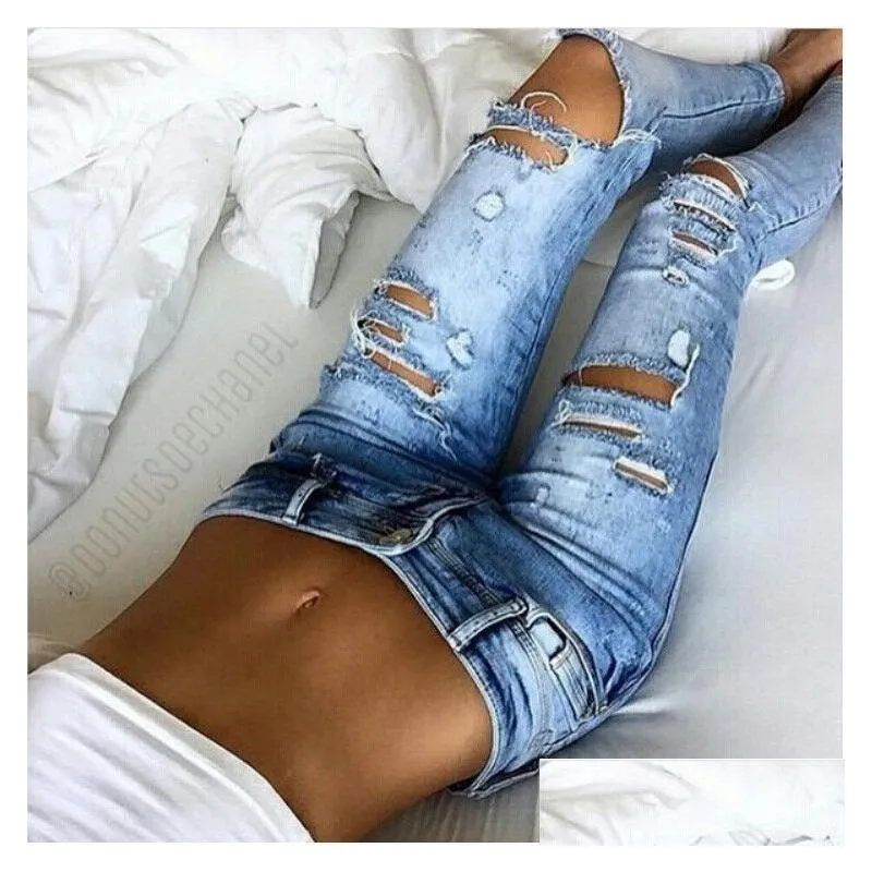 Women`S Jeans Fashion Womens Destroyed Ripped Died Slim Denim Boyfriend Y Hole Pencil Trousers Drop Delivery Apparel Clothing Dha18