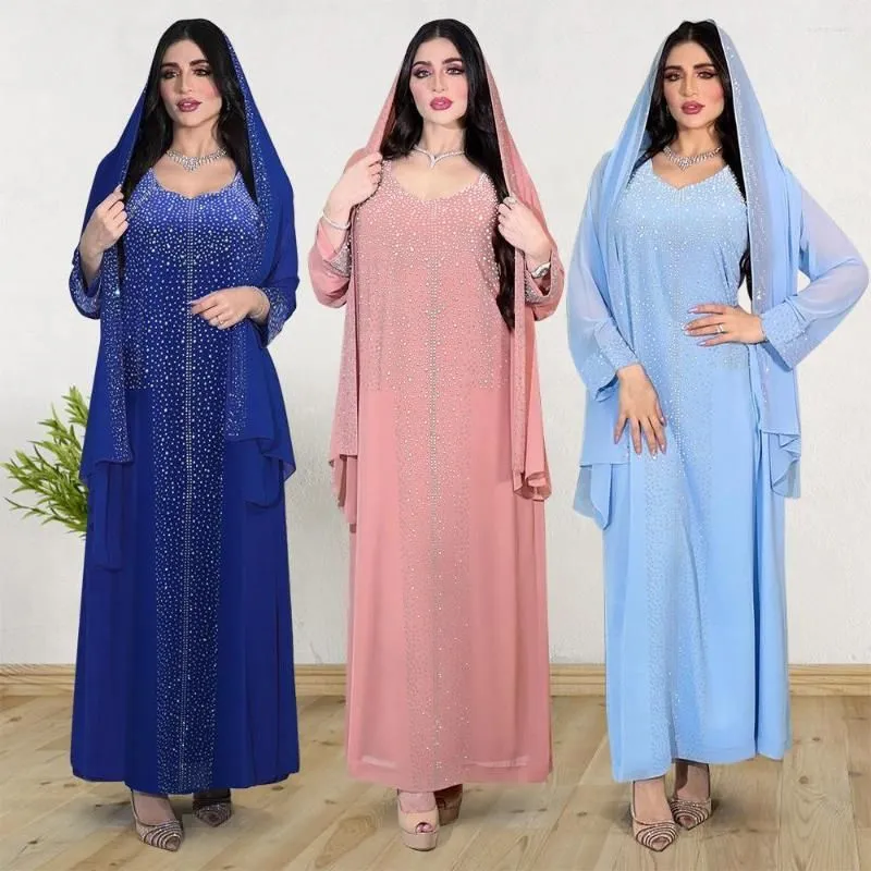 Ethnic Clothing Abaya Dress Muslim Elegant Long Sleeve V-neck Blue Pink Diamonds Party Evening Maxi Fashion
