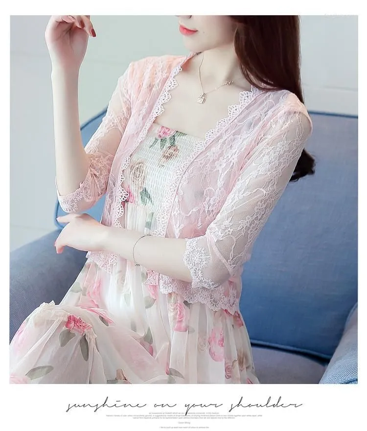Women`s Blouses Korean Style Summer Female Prevented Bask Shirts Half Sleeve Hollow Out Lace Patchwork Mesh Sweet Woman Cardigans