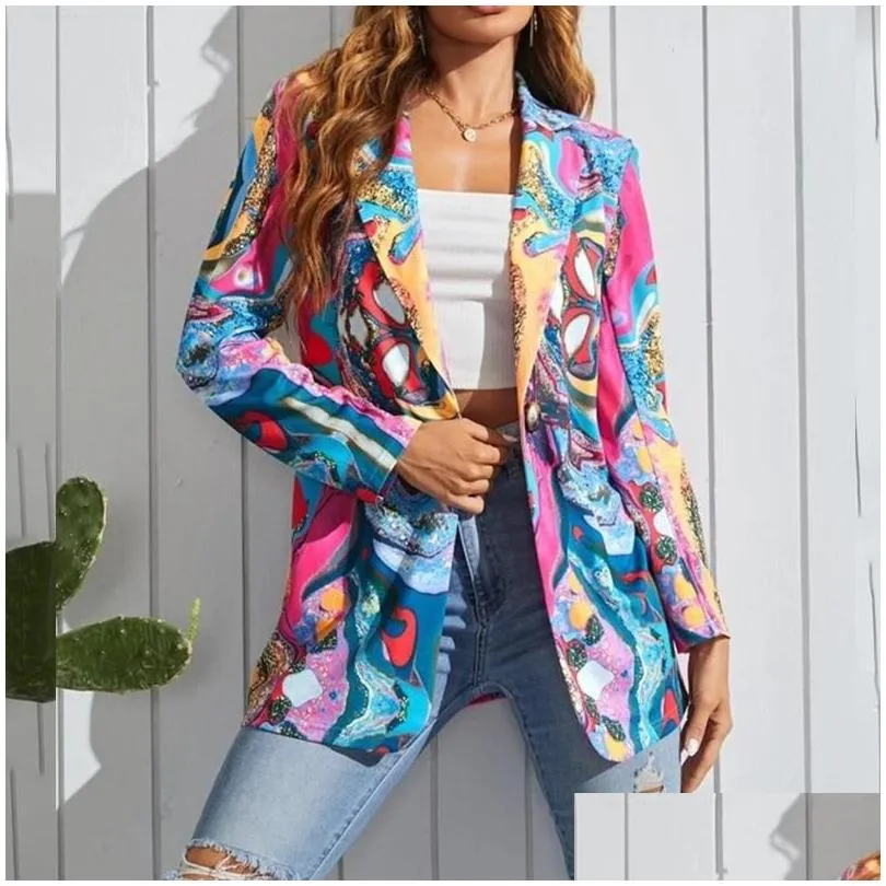 Women`S Suits & Blazers Womens Colour Print Single Button Loose Women Jacket Streetwear Autumn Plus Size Elegant Office Lady Coat Ame Dhg35