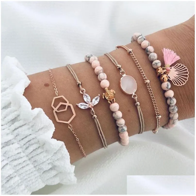 Cuff 2021 New Gold Bracelet Female Cute Simple Moon Star Coin Pearl Braid Bead Jewelry Set Hypoallergenic Gift Drop Delivery Bracelet Dh98G