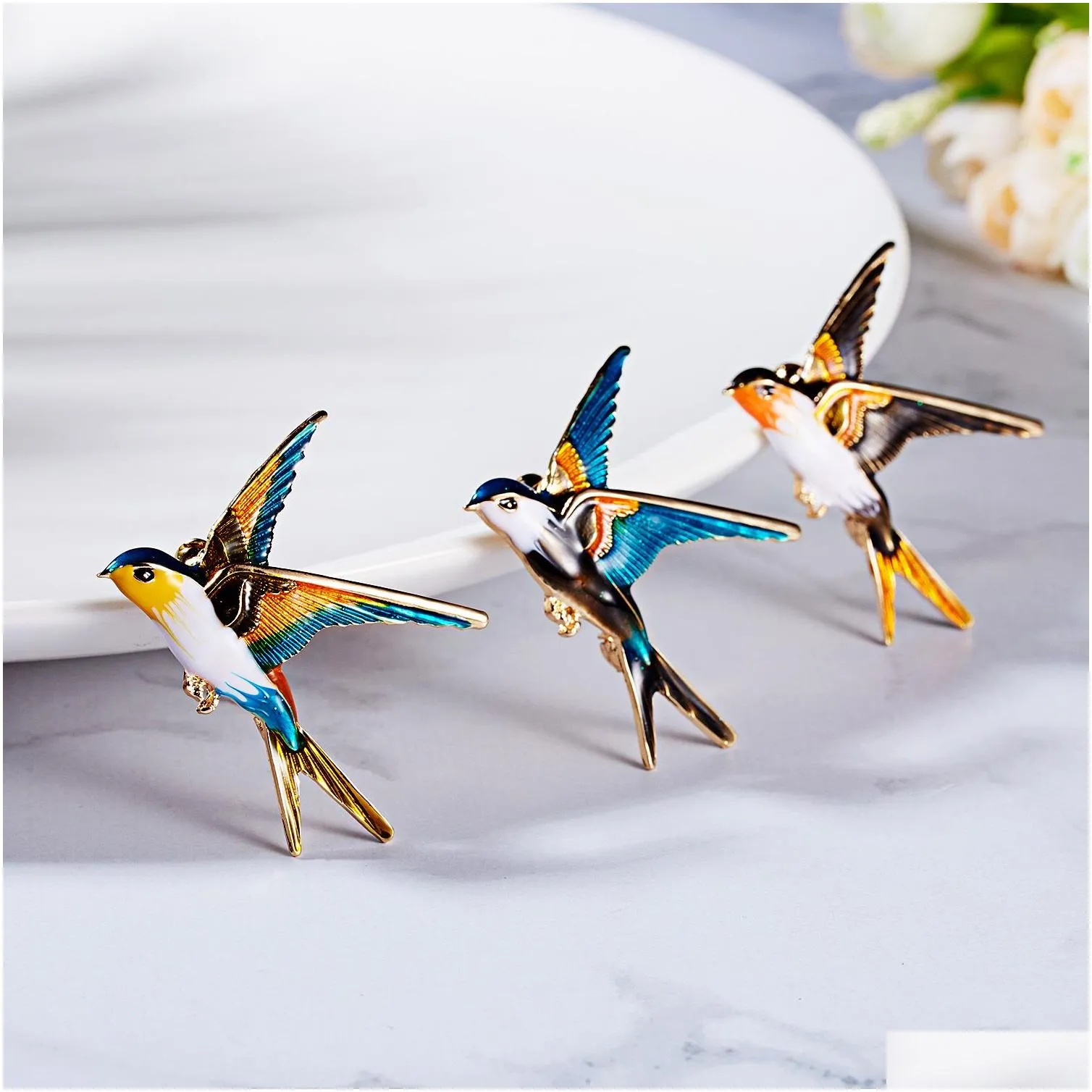 Pendant Necklaces Fashion Flying Llow Necklace Cute Blue Enamel Bird Brooch Bridal Wedding Party Anniversary Mothers Day Gift Jewelry Dhknq