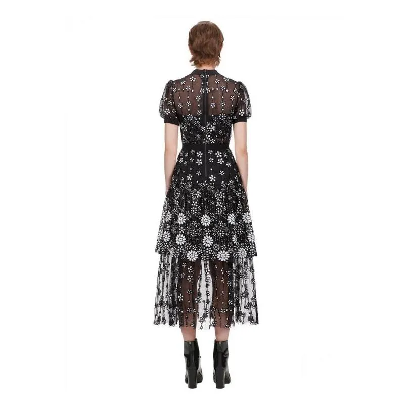 Basic & Casual Dresses Self Portrait Vantage Dress 2021 Summer Design Black Mesh Embroidered Flowers Midi O-Neck Short Sleeve For Dro Dhcbk