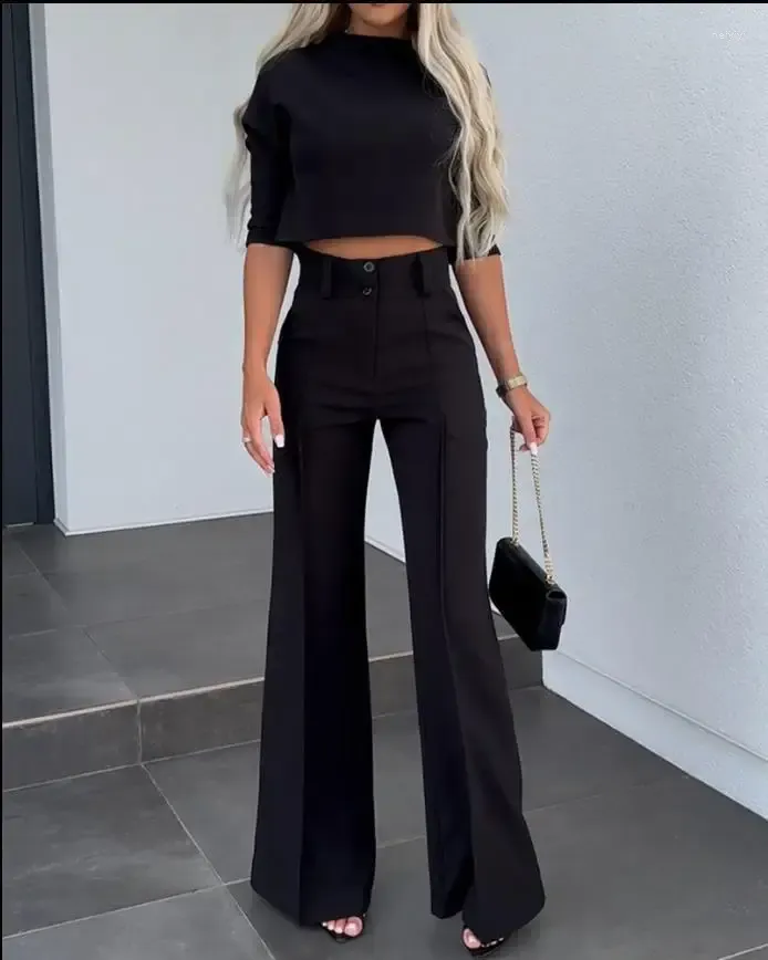 Women`s Two Piece Pants High-street Autumn Products Recommend Long-sleeved High-necked Fashion Temperament Street Talent Bell Bottoms