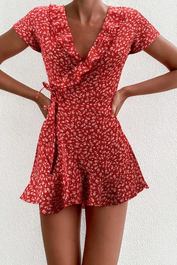 Casual Dresses A-line Women`s Summer Dress Elegant Floral Mini With Ruffles And Short V-neck For Ladies Chic Flowers Party