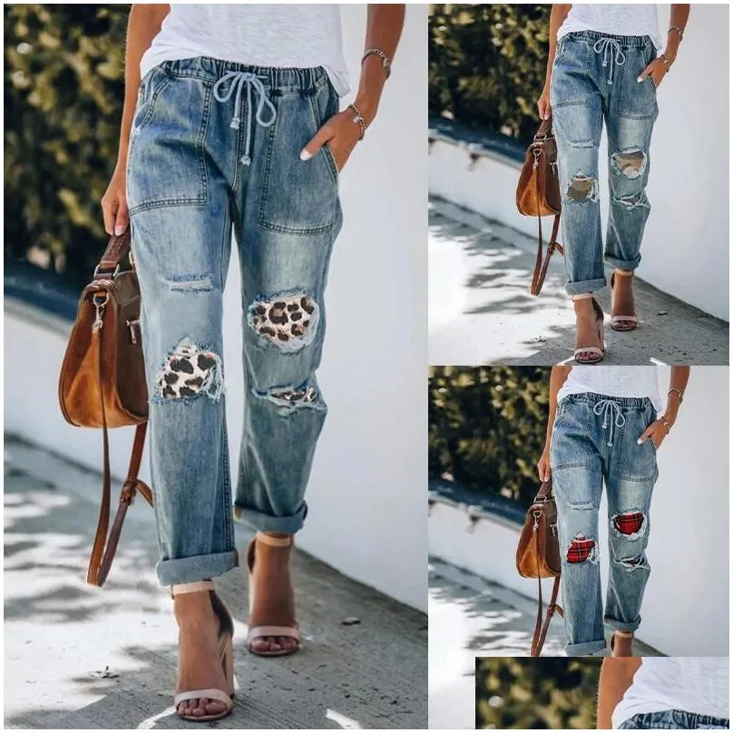 Women`S Jeans Womens Summer Casual Blue Pattern Printed Loose Ankle-Length Wide Leg Straight Pants Holes Tight Waist Drop Delivery Ap Dhvlg