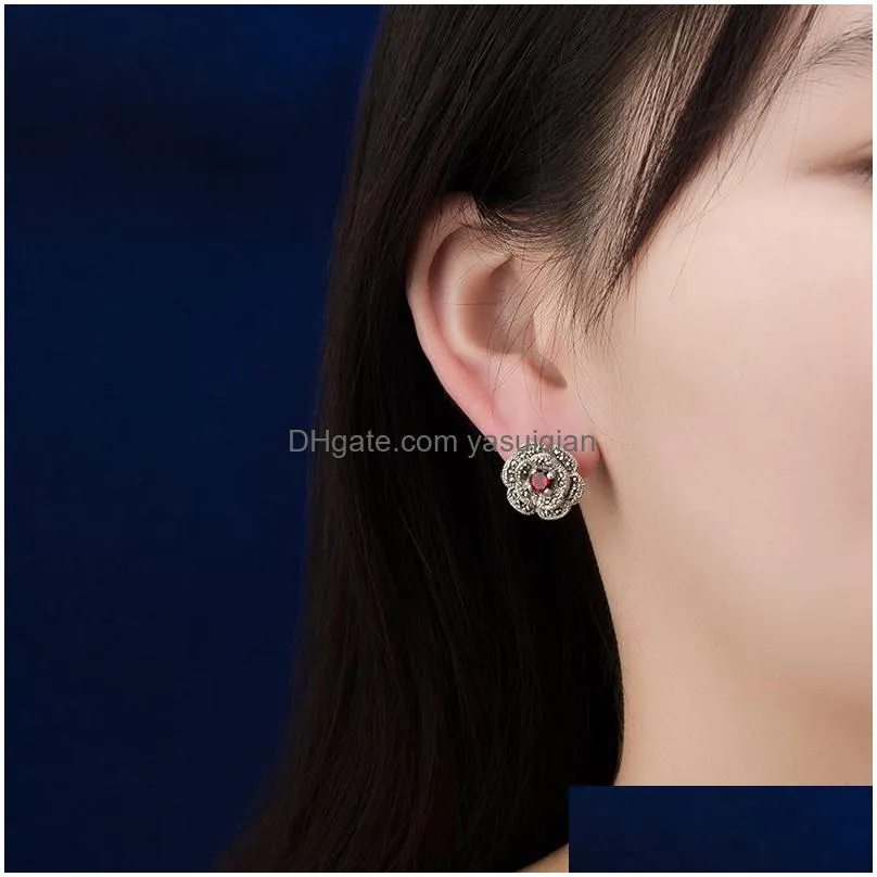 Stud Vintage 16Mm Flower Marcasite Earrings 925 Sterling Sier Inlay 5Mm Garnet Ear For Drop Delivery Jewelry Dhgfg