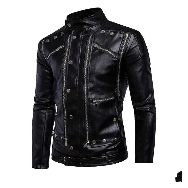 Men`S Fur & Faux Mens Leather Jacket With Many Zippers Coat Biker Motorcycle Black Asian Size Drop Delivery Apparel Clothing Outerwear Dh3Ws