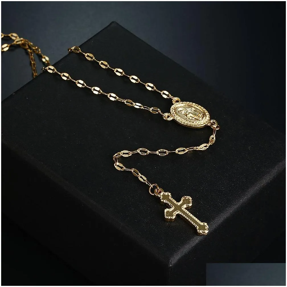 Pendant Necklaces New Fashion Chic Gold Sier Cross Rosary Virgin Mary Relius Jesus Men Women Necklace Drop Delivery Jewelry Pendants Dhng5