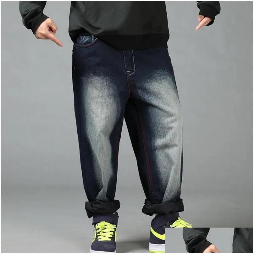 Men`S Jeans Mens Hip Hop Skateboarder Plus Size Loose Baggy Denim Pants Wide Leg Streetwear Garment Washed Drop Delivery Apparel Clot Dhzpd