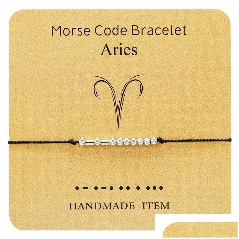 Identification 2021 New Fashion Creative 12 Constellation Morse Code Bracelets With Gift Card Men Women Sier Bead Braid Bracelet Zodi Dhmz1