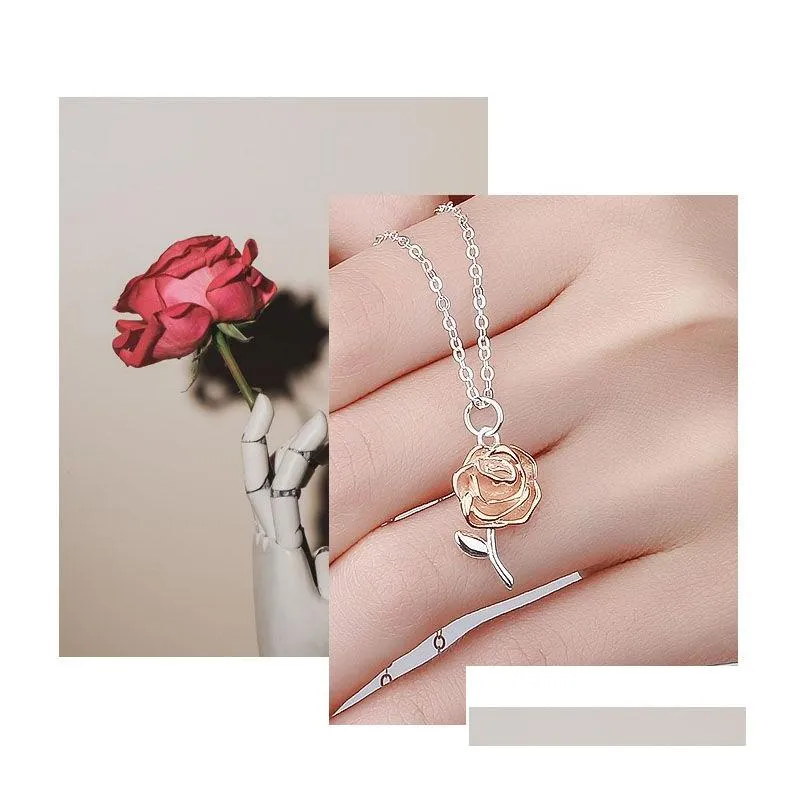 Pendant Necklaces Sterling 100% 925 Sier Rose Necklace Gold Plated Romantic Jewelry New Design For Valentines Day Gift Drop Delivery P Dha7L