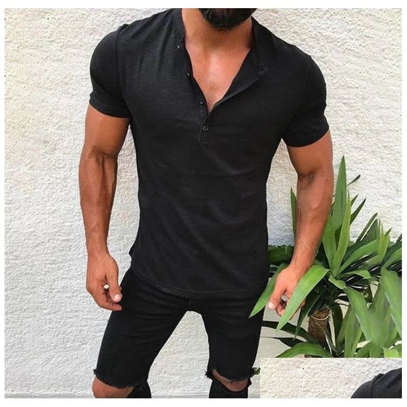 Men`S T-Shirts Mens T Shirts Button Solid Color European And American Casual Fashion Slim V-Neck Short Sleeve T-Shirt Clothes Drop Del Dhuch