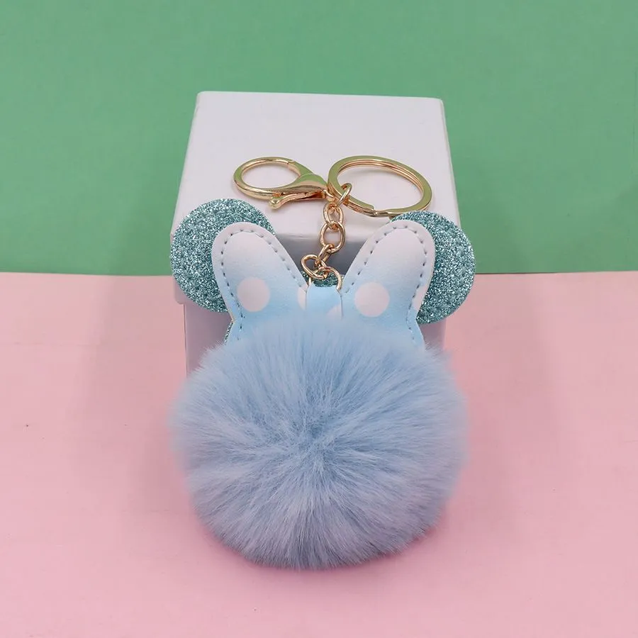 Cute Pompom Key Chains Jewelry Accessories Polka Dot Bow Mouse Design Fluffy Faux Rabbit Fur Ball Keychains Women Girls Car School Bag Key Rings Charm Keyrings