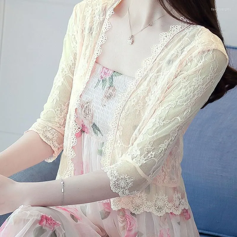 Women`s Blouses Korean Style Summer Female Prevented Bask Shirts Half Sleeve Hollow Out Lace Patchwork Mesh Sweet Woman Cardigans