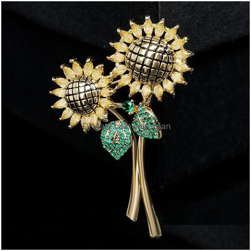 Pins, Brooches Trendy Sunflower For Women Shiny Zircon Luxury Coat Suit Brooch Pin Clothing Accessories Flower Cor Jewelry Drop Deliv Dhtfz