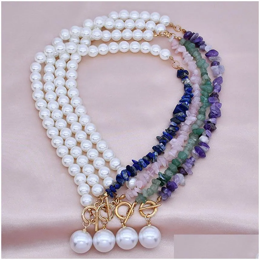 Pendant Necklaces New Fashion Natural Gemstone Pearl Women Rose Amethyst Quartz Choker Charms Gold Color Metal Neck Jewelry Drop Deliv Dhiam