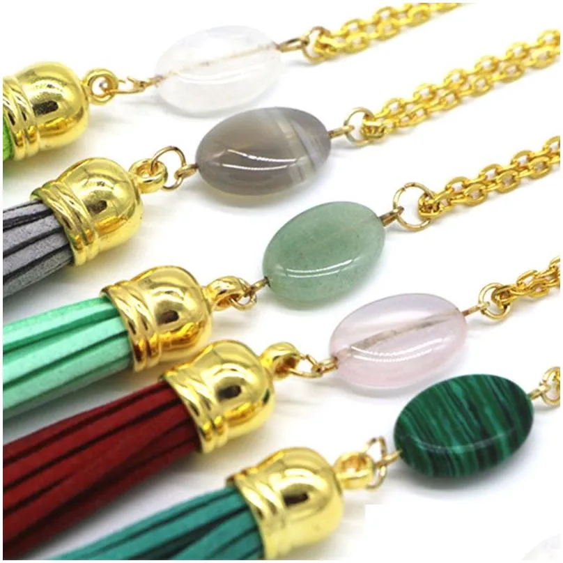 Pendant Necklaces 9 Colors Boheimian Style Womens 69Cm Long Chain Necklace Sier Gold Natural Stone Tassel Jewelry Gifts For Drop Deliv Dhpdo