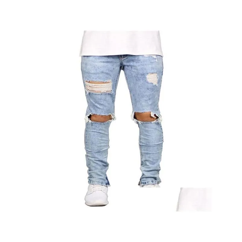 Men`S Jeans Mens 2 Colors Casual Knee Hole Zipper Design Elastic Waist Pencil Slim Fit Fashionable Urban Wind Style Cool Drop Deliver Dh6Ci