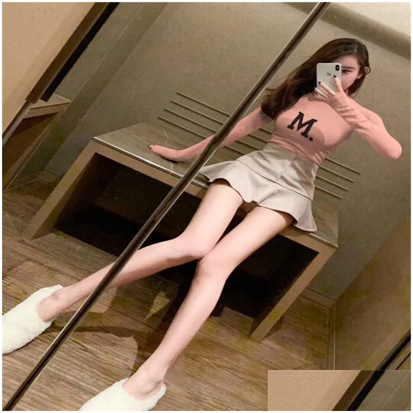 Women`S T-Shirt Womens Harajuku Top Long Sleeve Turtleneck Korean Fashion Style Letter Printed Tees Female Kawaii Autumn Y Drop Delive Dhav2