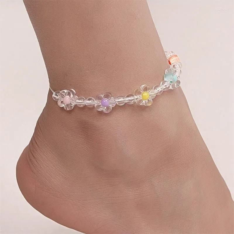 Anklets Transprant Flower Pendant For Women Creative Summer Fashion Vacation Jewelry Adjustable Lace Up Beaded Leg Bracelet