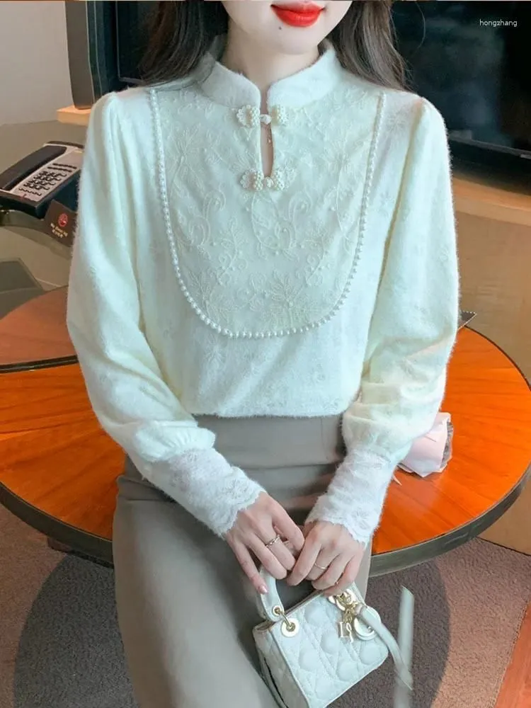 Women`s Blouses Plush Elegant Blouse Women Winter Thick Tops Fashion Stand Collar Vintage Chinese Panbuckle Lace Chiffon Shirt