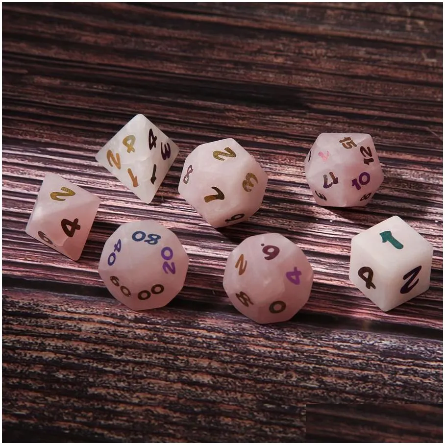 Natural Rose Quartz Polyhedral Loose Gemstones Dice 7pcs Set Dungeons & Dragons Plating Fonts Stone Dice Set DND RPG Games Ornaments Spot Goods Wholesale