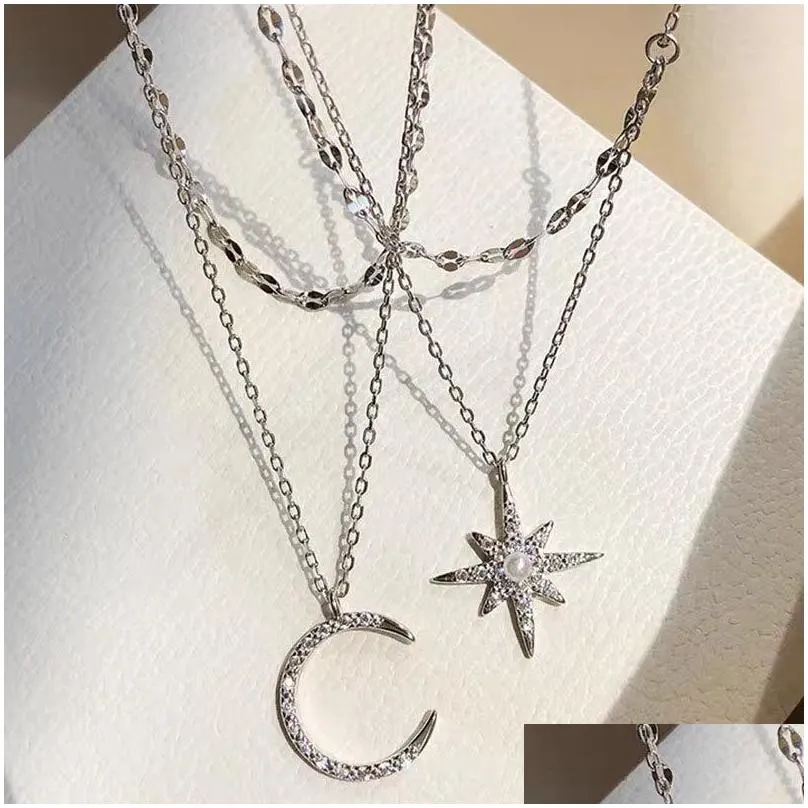 Pendant Necklaces Korean Fashion Mti-Layer Moon Star Mtilayer Clavicle Necklace Women Gold Elegant Jewelry Wholesale Drop Delivery Pen Dhwg2