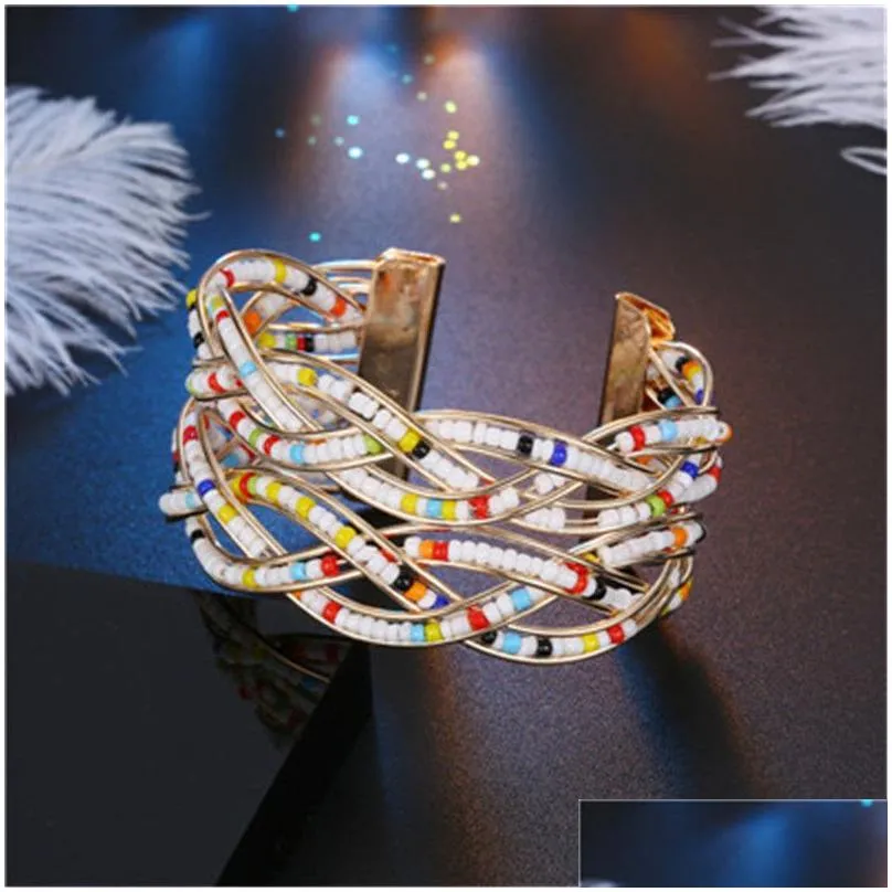 Beaded New Boho Charm Braided Mticolor Bead Cuff Bracelets 35Mm Wide Bangle For Women 18K Gold Plated Jewelry Drop Delivery Dhcbg