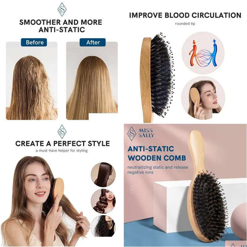 Hair Brushes Miss Sally Wooden Brush AntiStatic Scalp Massage Comb with Boar Bristle Air Cushion for Women Men Wet and Dry