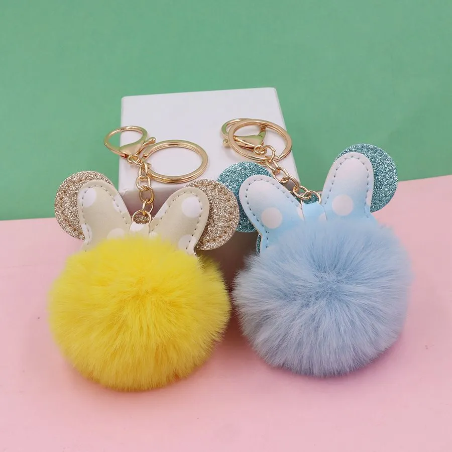 Cute Pompom Key Chains Jewelry Accessories Polka Dot Bow Mouse Design Fluffy Faux Rabbit Fur Ball Keychains Women Girls Car School Bag Key Rings Charm Keyrings