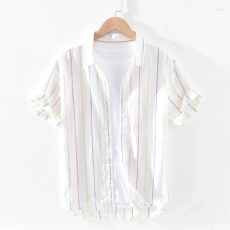 Men`s Casual Shirts 2024  Striped Linen Shirt Loose Breathable Square Collar Short Sleeve