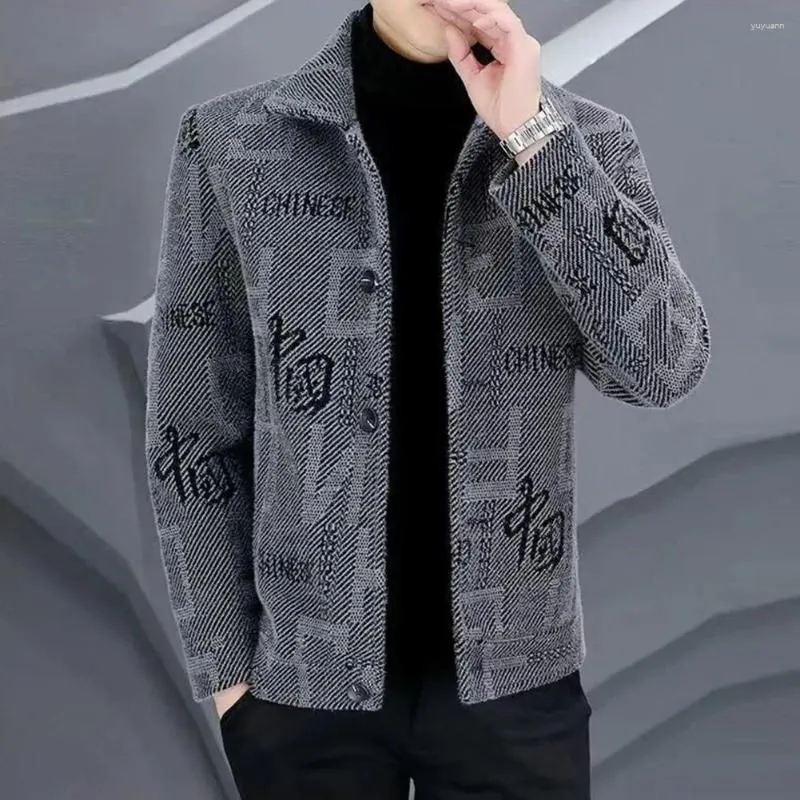 Men`s Jackets Button-up Men Coat Chinese Print Cardigan Jacket Warm Stylish Fall/winter With Turn-down Collar Long Sleeves