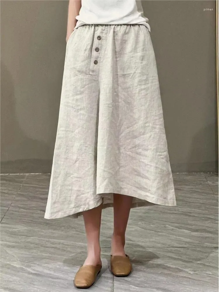 Skirts QPFJQD Female Retro Irregular Linen Skirt Elastic Waist Clothes 2024 Summer Casual Women A-Line Solid Color