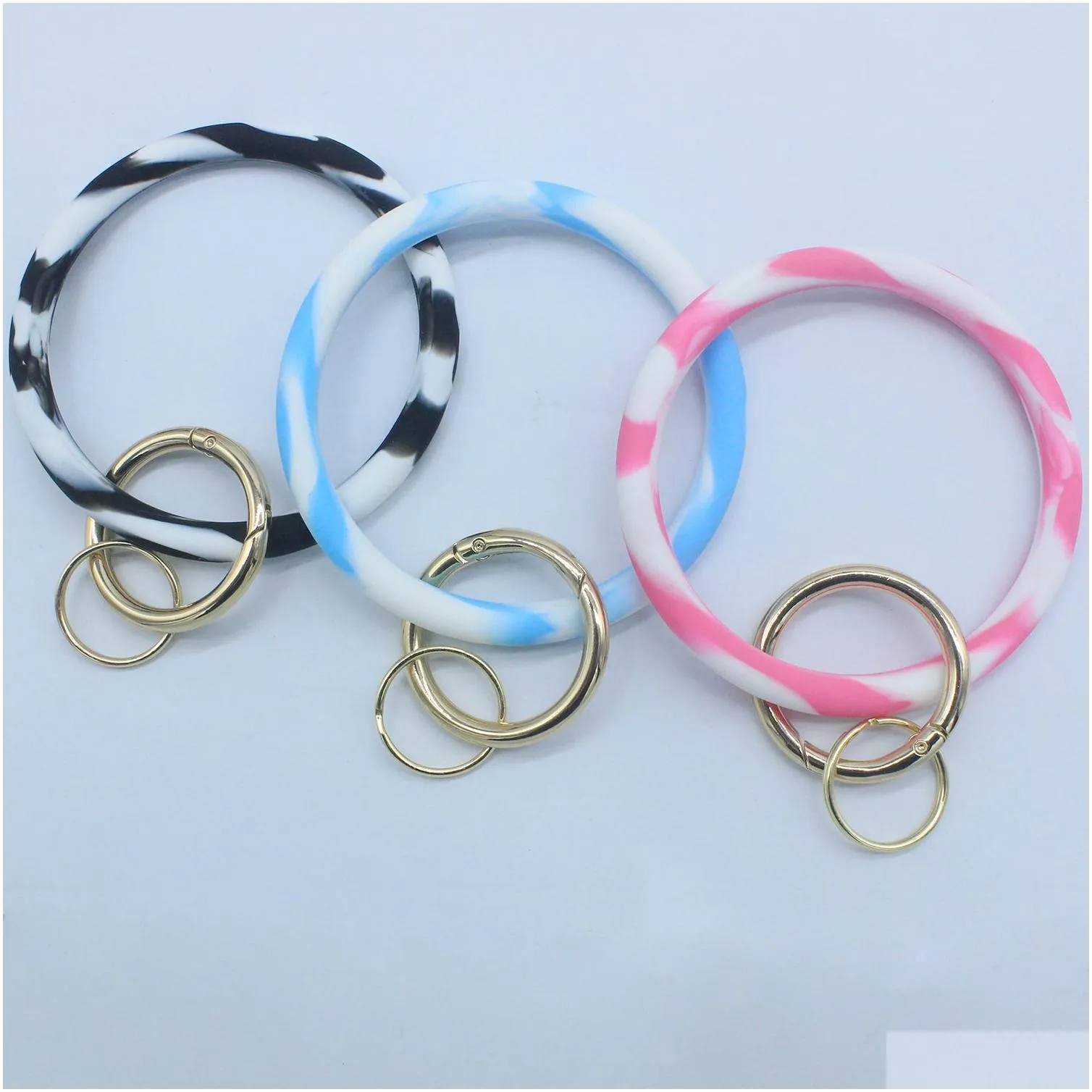 Key Rings Ins New Fashion Monogrammed Sile Wristlet Pink Blue Camouflage Bracelets Bangle Keyring Large Circle Keychain Bracelet Hold Dhsap