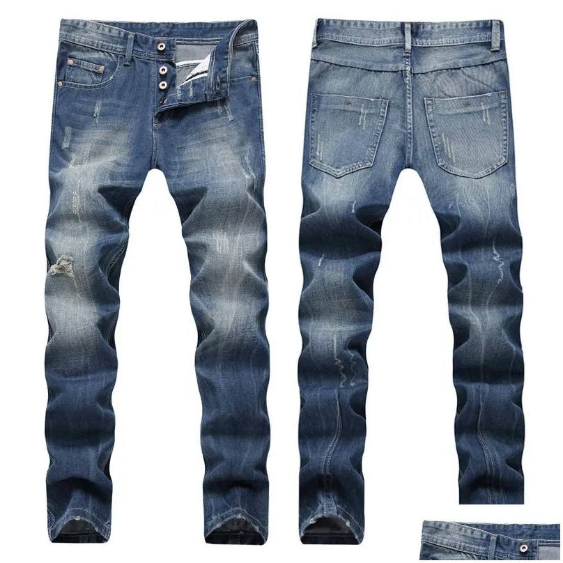 Men`S Jeans Mens Elasticity Washed Blue Ripped Pleated Straight-Leg Pants Vintage Fashion Wear Drop Delivery Apparel Clothing Dhyhe