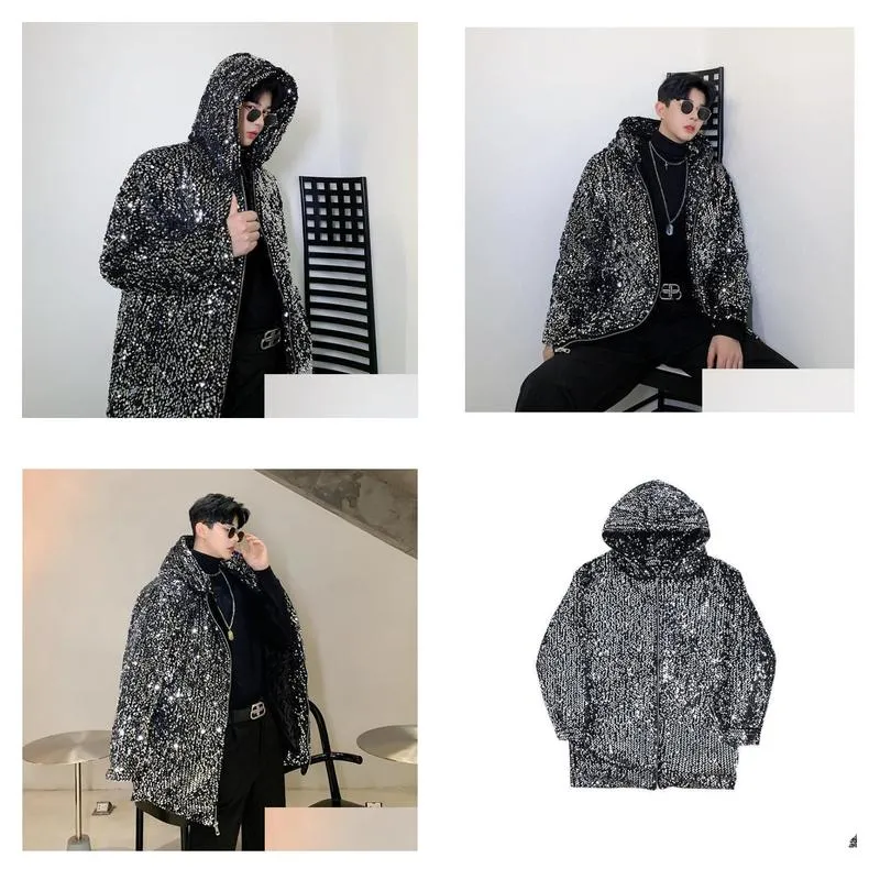 Men`S Jackets Mens Sequins Jacket Men Clothes And Coats Jaqueta Singer Stage Thick Hooded Veet Padded Personality Fashion Drop Deliver Dhx8U