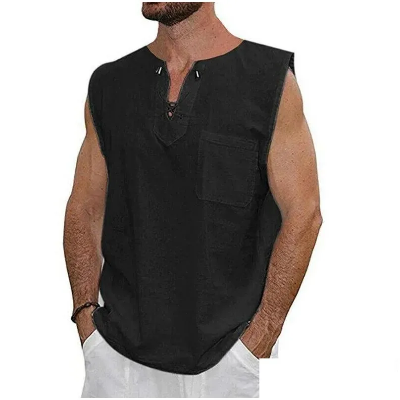 Men`S T-Shirts Fashion Mens Sleeveless T-Shirt Solid Loose Casual Pocket V-Neck Lace Up Tee Hippie Shirts Tops Drop Delivery Apparel C Dhmqe
