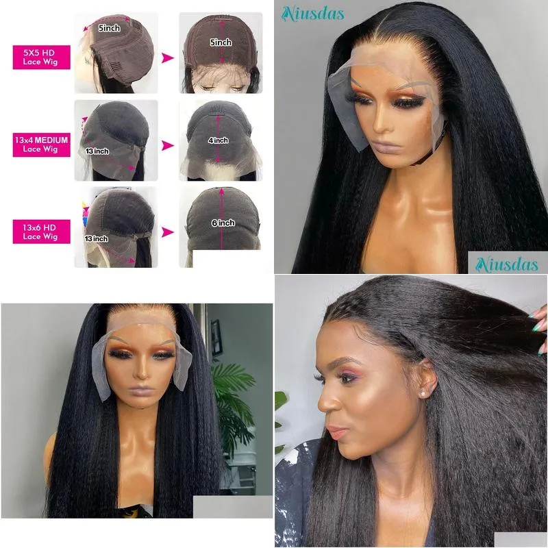 Transparent Kinky Straight 13x6 Lace Frontal Wigs Yaki Straight Human Hair Wig Pre Plucked Glueless Lace Closure Wig 250 Density