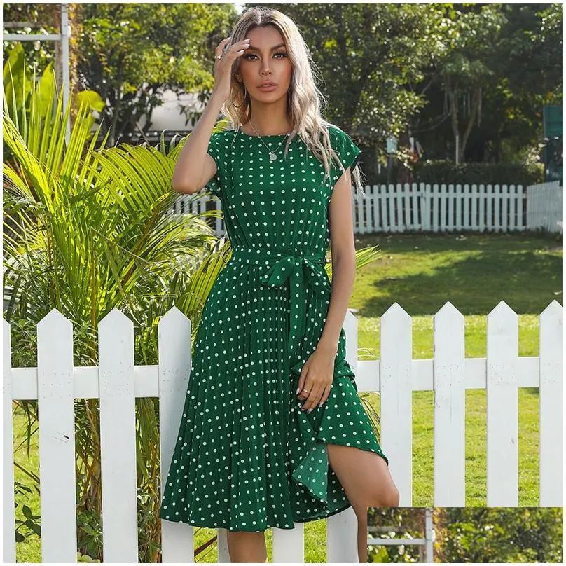 Basic & Casual Dresses 5 Colors Womens Retro Polka Dot Print Round Neck Dress Bandage Drop Delivery Apparel Women`S Clothing Dhtlv