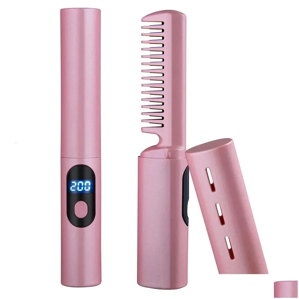 Mini Straightening Brush Comb Women USB Rechargeable Hair Straightener 2 In 1 Hair Comb Straight Hair Styling Appliances 240326