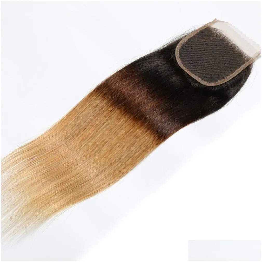 1B 4 27 Honey Blonde Ombre Brazilian Human Hair Straight Weaves with Closure Three Tone Colored 4x4 Front Lace Closure with
