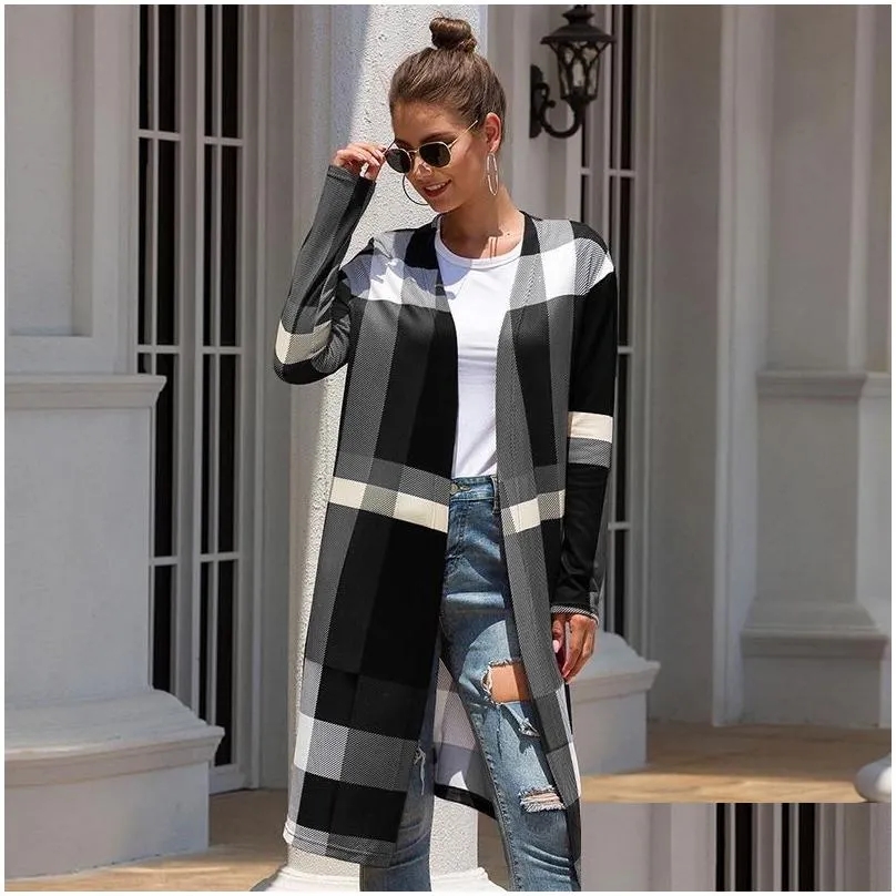 Women`S Knits & Tees Womens 2021 Autumn Winter Plaid Thin Knitted Long Cardigan Women Sleeve Plus Size Vintage Cardigans Female Knit C Dh7Ta