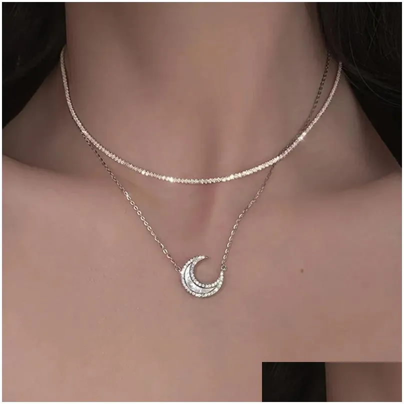 Pendant Necklaces European Fashion Moon Necklace Bling Chain Two In One Stackable Crescent For Women Female Birth Year Jewelry Drop De Dh21Q