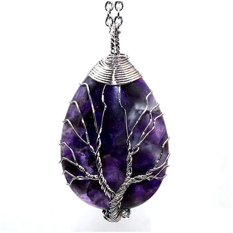 Pendant Necklaces Necklace Jewelry Healing Chakra Wicca Witch Amet Pendants Women Natural Gemstone Amethyst Opal Tree Of Life Charms D Dhzph