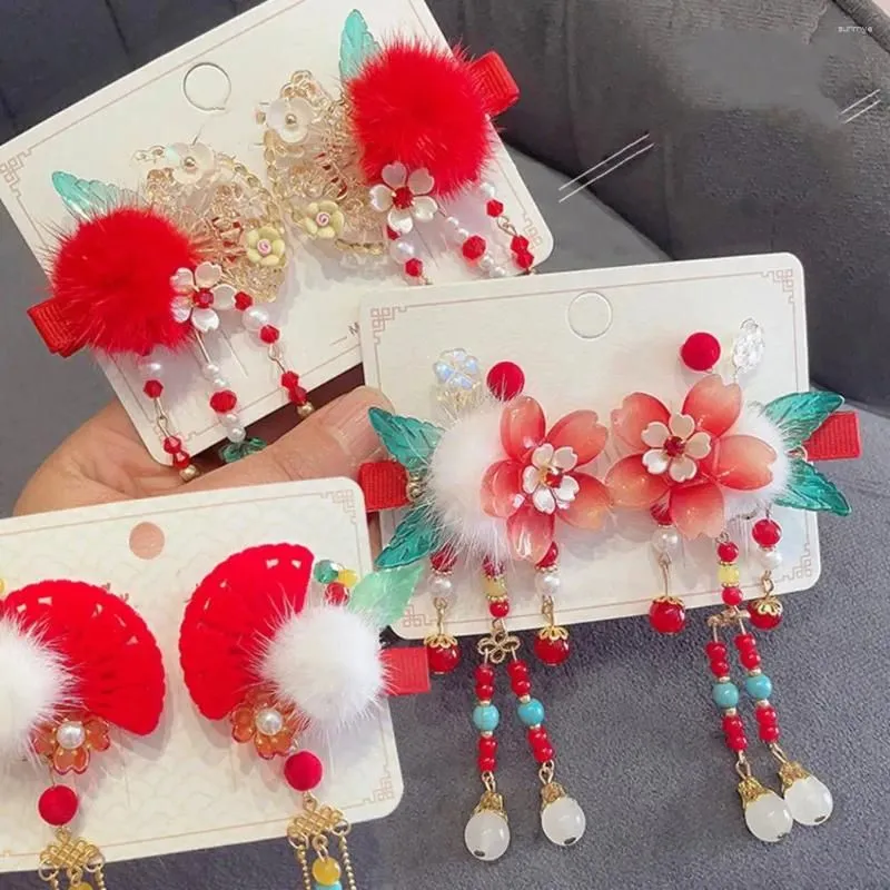 Hair Accessories Girls Hairpins Chinese Style Long Tassel Flower Beads Bow Decor Year Decoration Red Clips